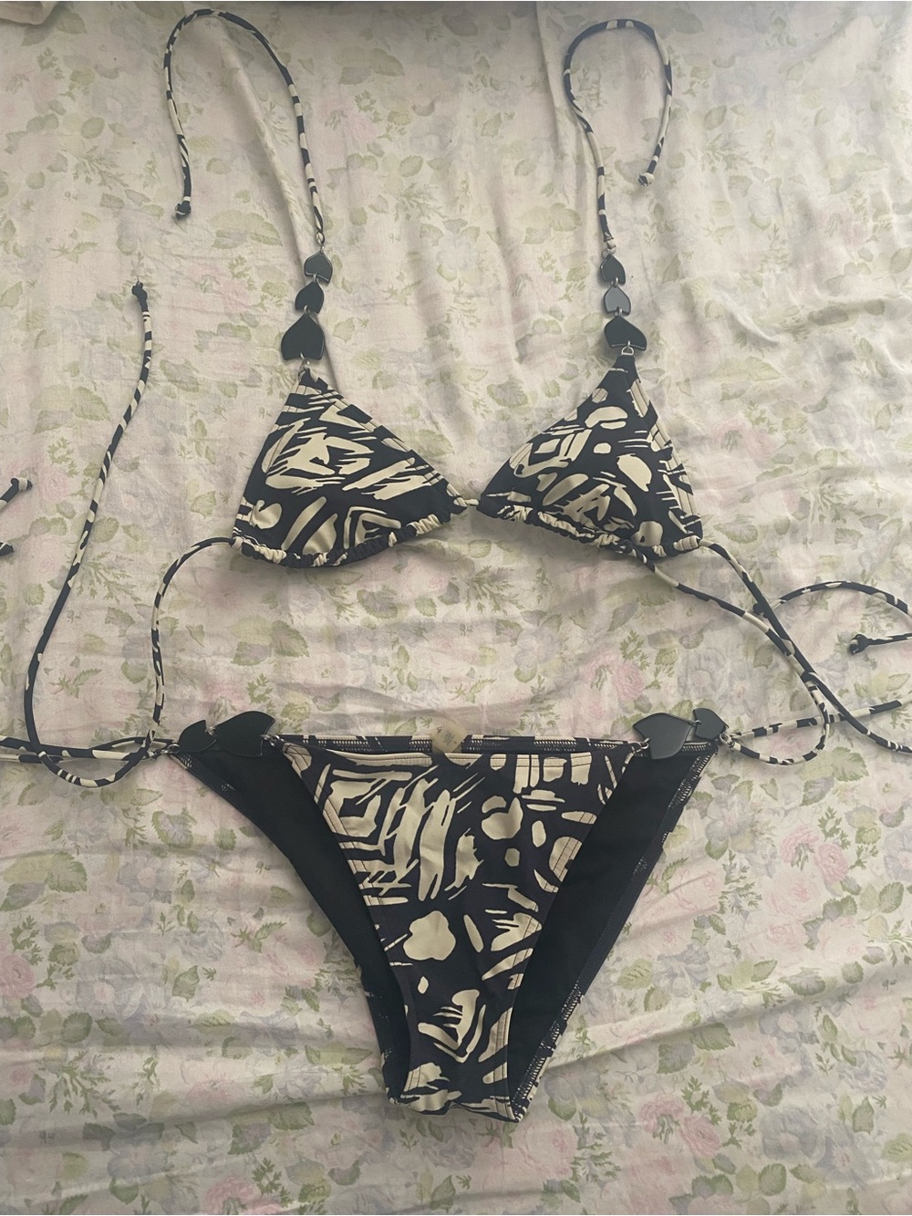Victoria's Secret Black & Cream Printed Tie Triangle Bikini